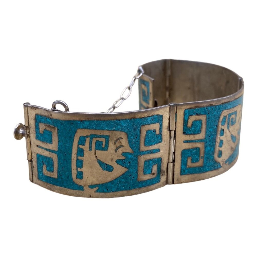 Mexico 925 Sterling Silver Crushed Turquoise Inlay Greek Key Bracelet READ - Picture 5 of 10